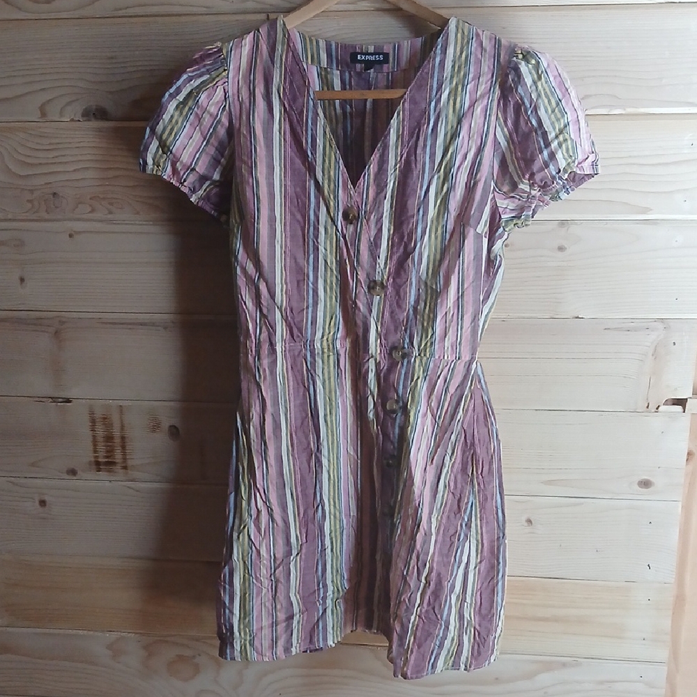 Express Vintage Pink Striped V-Neck Button Dress